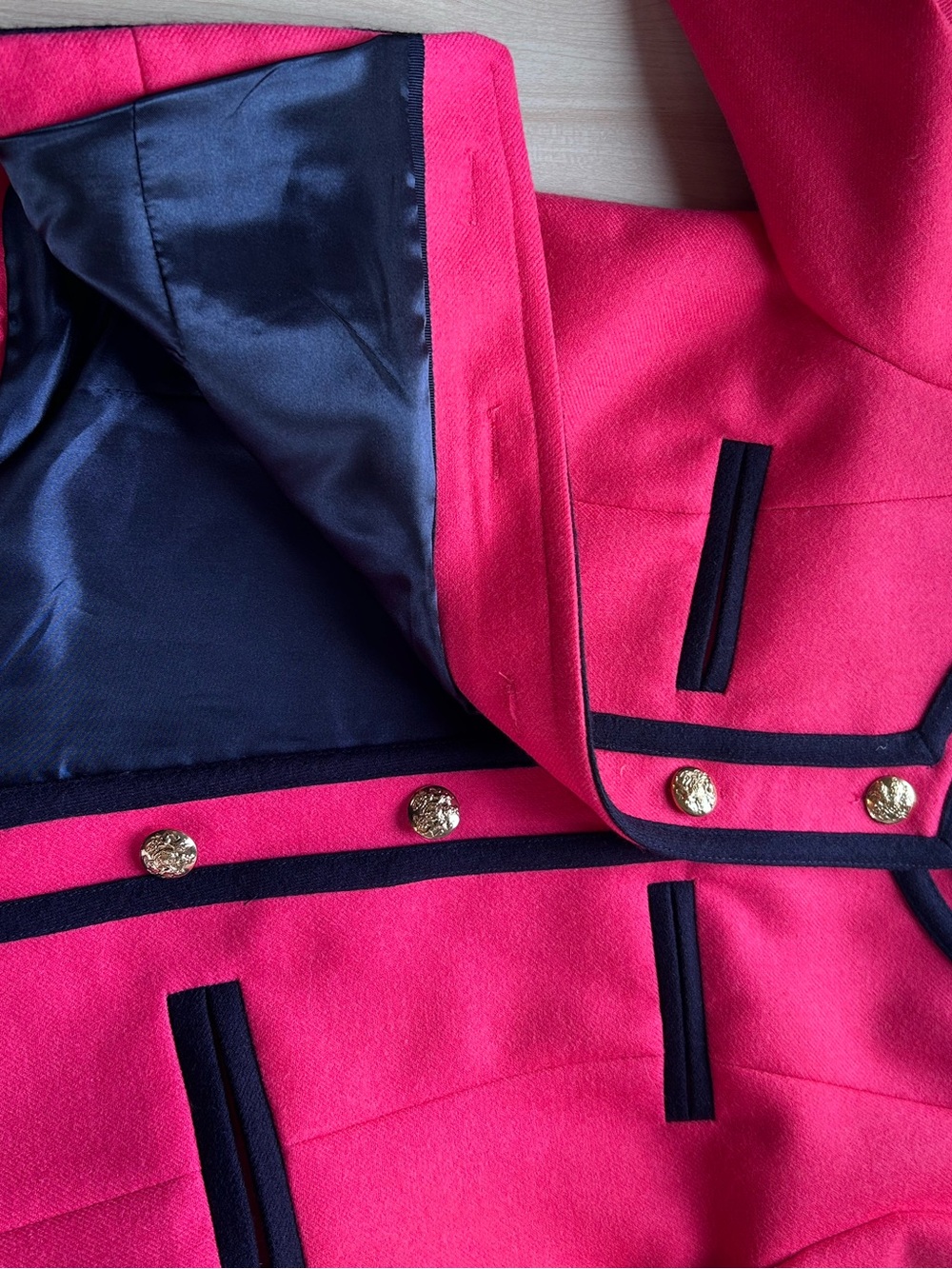 J.Crew Bright Berry Pink Wool Lady Jacket Navy Trim Gold Buttons - Picture 7 of 7
